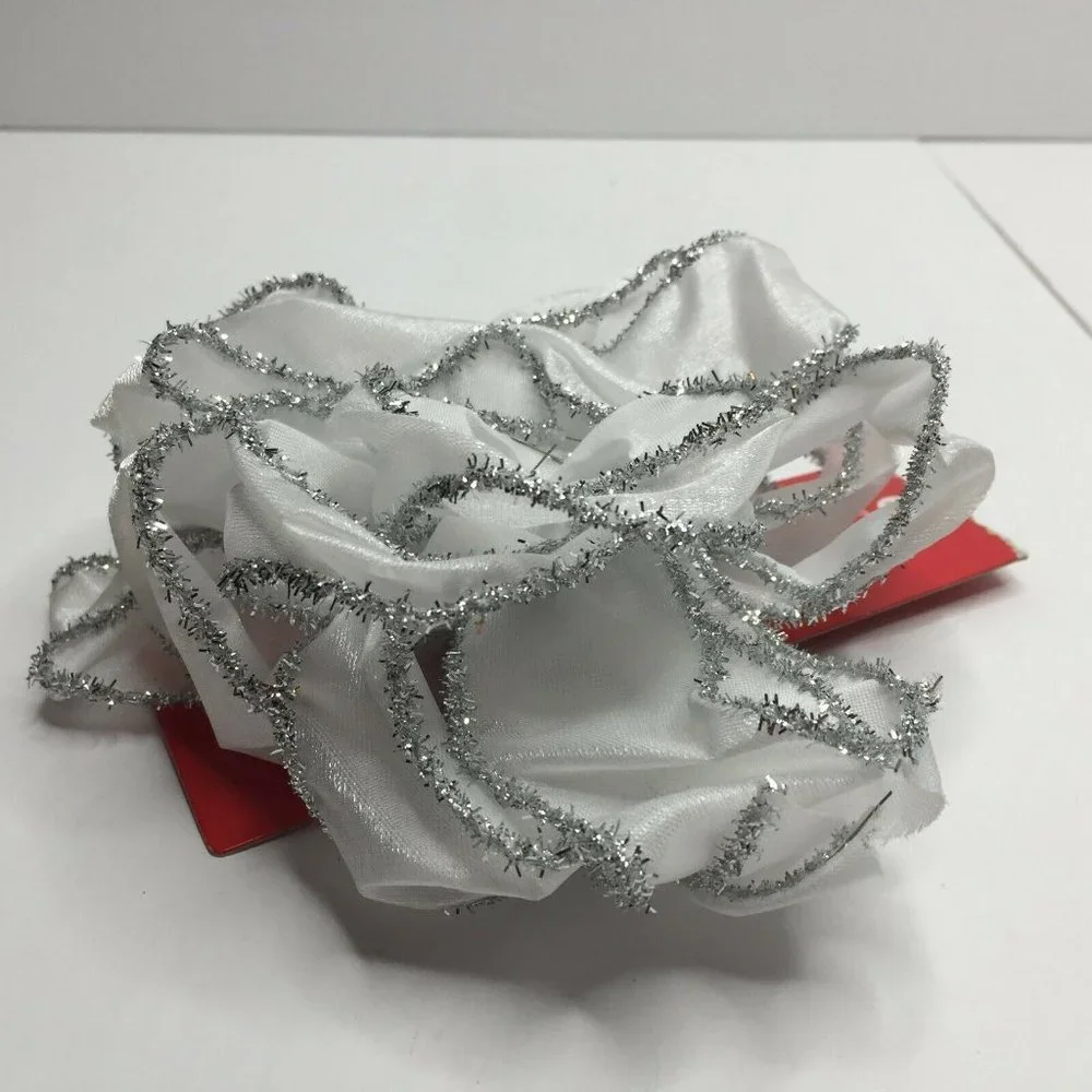 Premium Bow White Silver Tinsel Glitter Shimmer Craft Wreath Decorating Bow